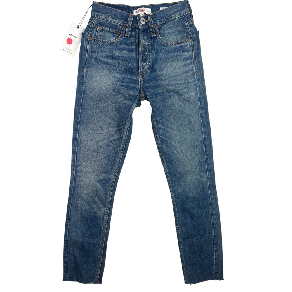 NEW RE/DONE Womens Blue High Rise Cut Off Hem Faded Straight Leg Denim Jeans 23